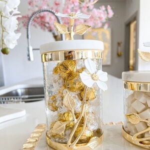 White Jasmine Flower Gold Canister